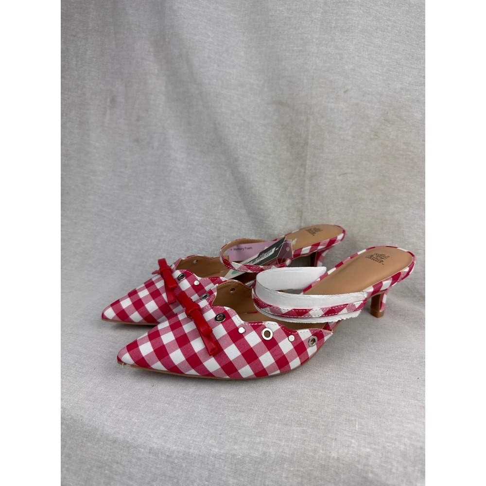 Wild Fable Red White Gingham Kitten Heel Mules Bow Grommet Pointed Toe Shoes 8.5